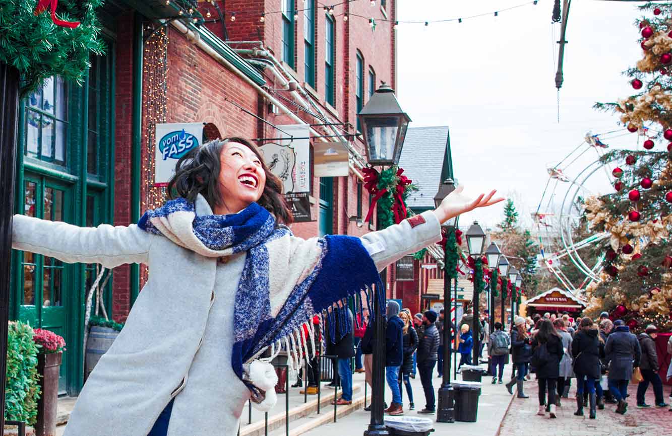 Toronto's Distillery District Christmas Market Jiali hanging off of the lamp